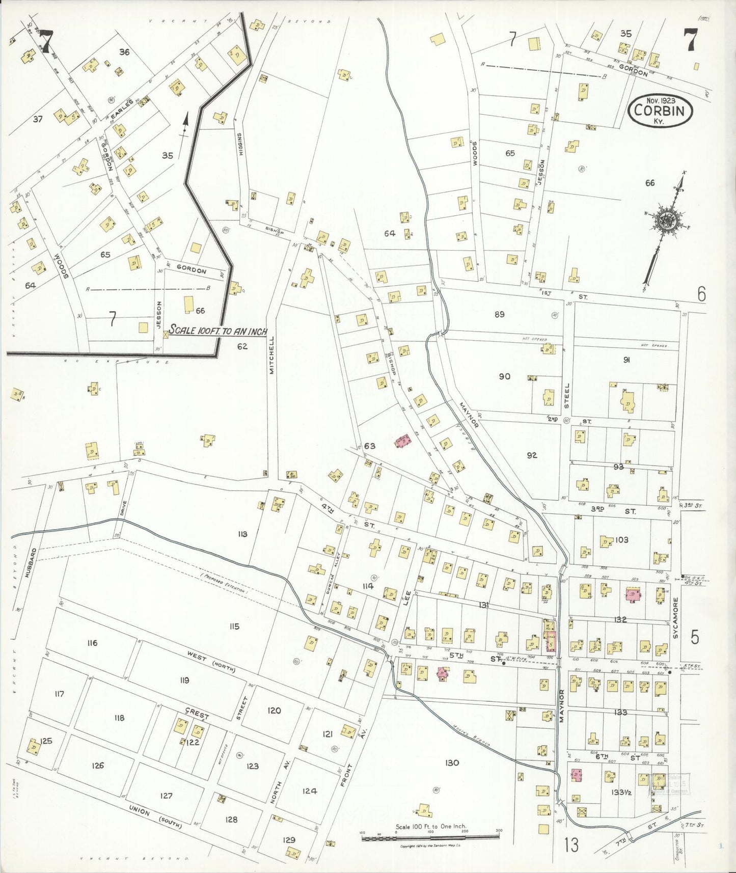 Sanborn Fire Insurance Map from Corbin, Knox and Whitley Counties, Kentucky (1923), Sheet #0007 - Complete Map Set gallery image, historic Sanborn map, vintage wall art, Kentucky Kentucky