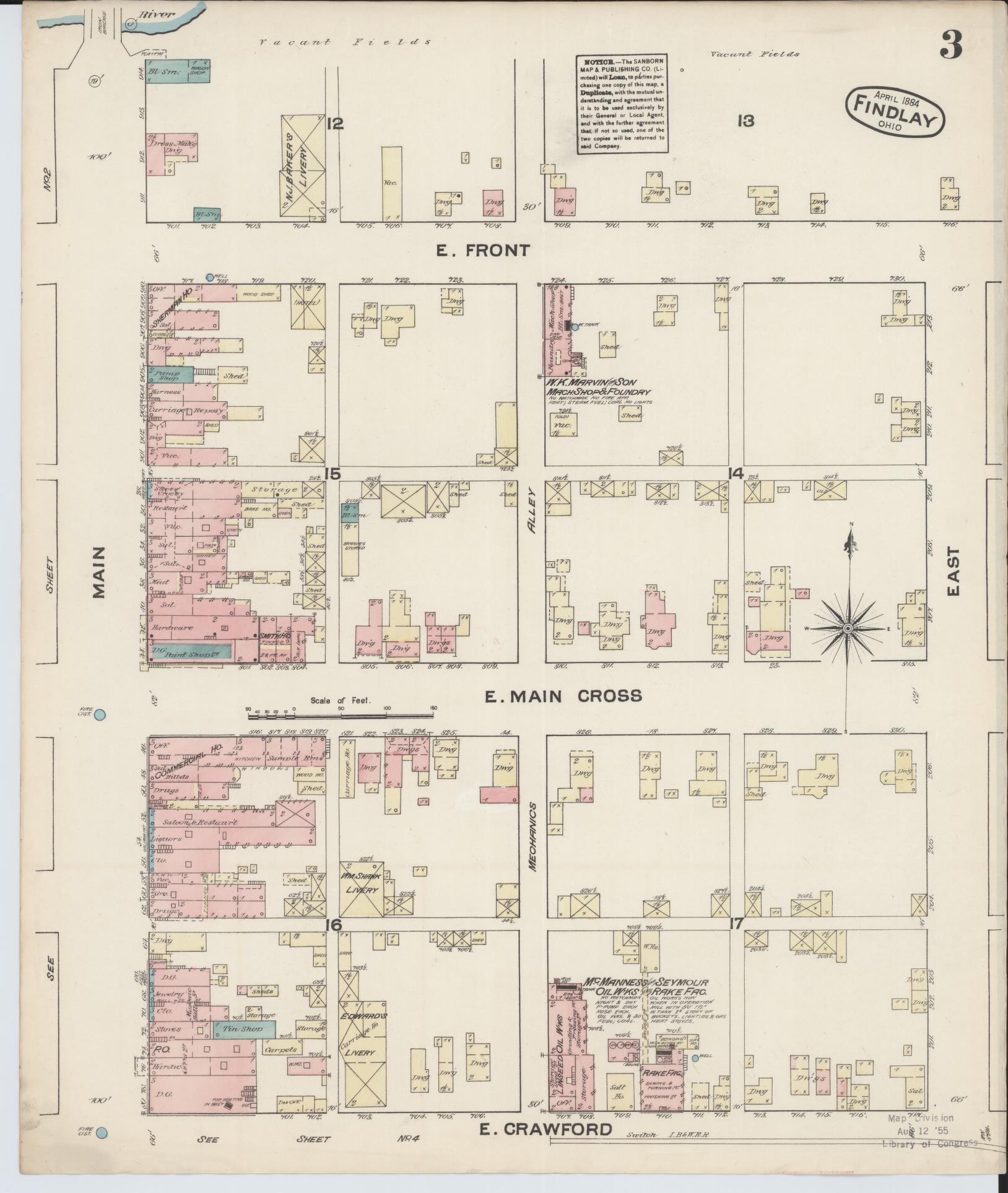 Sanborn Fire Insurance Map from Findlay, Hancock County, Ohio (1884), Sheet #0003 - Historic Sanborn Fire Insurance Map Print, vintage old map wall art, antique decor, genealogy gift, Ohio Ohio map