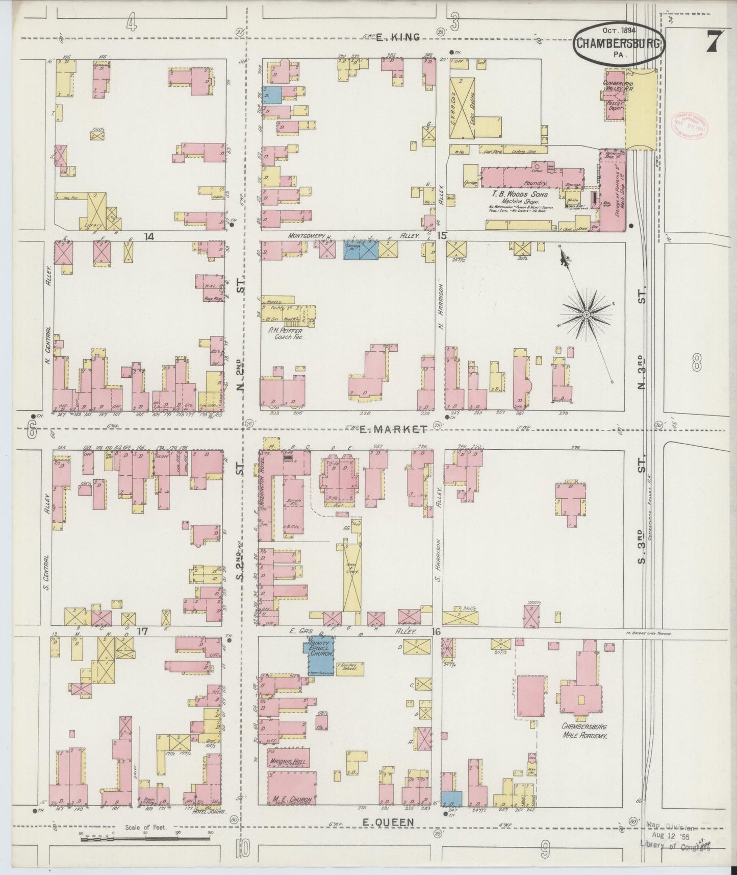 Sanborn Fire Insurance Map from Chambersburg, Franklin County, Pennsylvania (1894), Sheet #0007 - Historic Sanborn Fire Insurance Map Print, vintage old map wall art, antique decor, genealogy gift, Pennsylvania Pennsylvania map