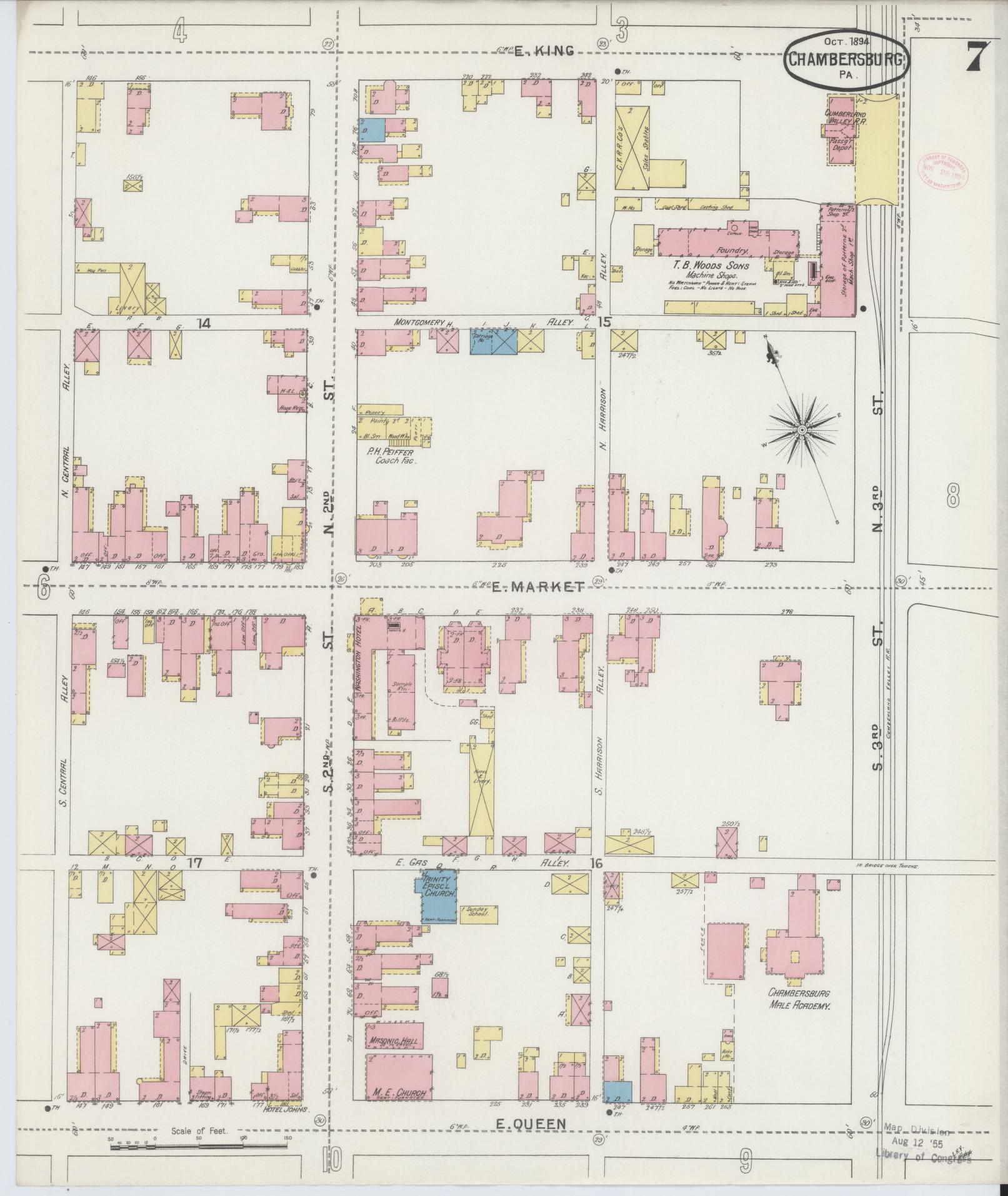 Sanborn Fire Insurance Map from Chambersburg, Franklin County, Pennsylvania (1894), Sheet #0007 - Historic Sanborn Fire Insurance Map Print, vintage old map wall art, antique decor, genealogy gift, Pennsylvania Pennsylvania map