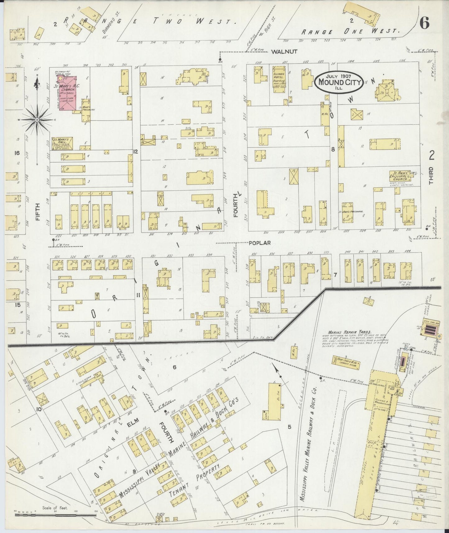 Sanborn Fire Insurance Map from Mound City, Pulaski County, Illinois (1907), Sheet #0006 - Complete Map Set gallery image, historic Sanborn map, vintage wall art, Illinois Illinois
