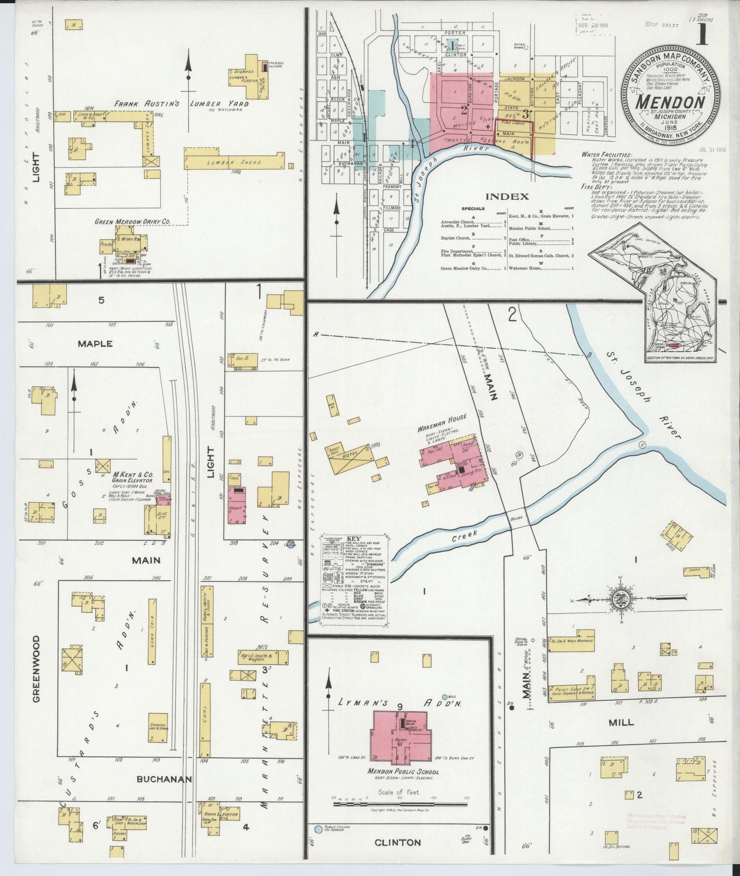 Sanborn Fire Insurance Map from Mendon, Saint Joseph County, Michigan (1918), Sheet #0001 - Historic Sanborn Fire Insurance Map Print, vintage old map wall art, antique decor, genealogy gift, Michigan Michigan map
