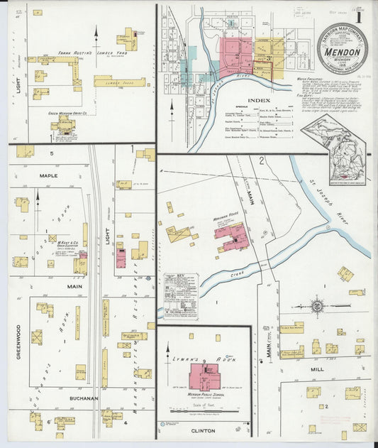 Sanborn Fire Insurance Map from Mendon, Saint Joseph County, Michigan (1918), Sheet #0001 - Historic Sanborn Fire Insurance Map Print, vintage old map wall art, antique decor, genealogy gift, Michigan Michigan map