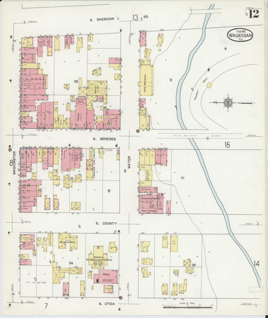 Sanborn Fire Insurance Map from Waukegan, Lake County, Illinois (1912), Sheet #0012 - Historic Sanborn Fire Insurance Map Print, vintage old map wall art, antique decor, genealogy gift, Illinois Illinois map