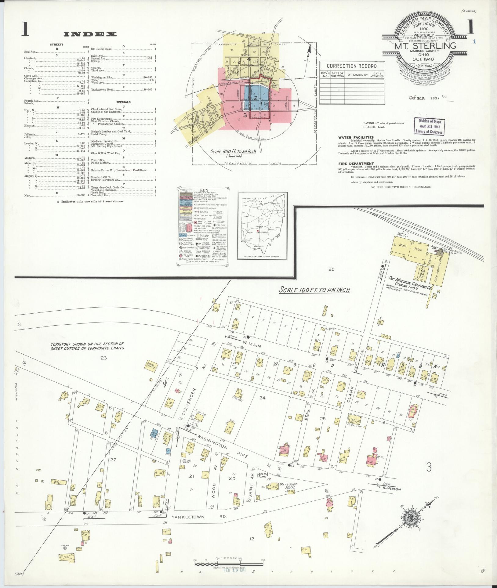 Sanborn Fire Insurance Map from Mount Sterling, Madison County, Ohio (1940), Sheet #0001 - Complete Map Set gallery image, historic Sanborn map, vintage wall art, Ohio Ohio