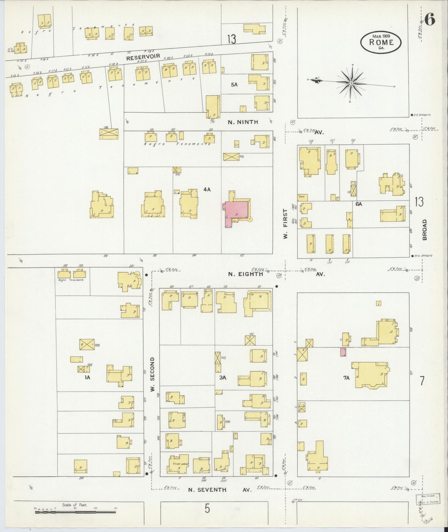 Sanborn Fire Insurance Map from Rome, Floyd County, Georgia (1909), Sheet #0006 - Historic Sanborn Fire Insurance Map Print, vintage old map wall art, antique decor, genealogy gift, Georgia Georgia map