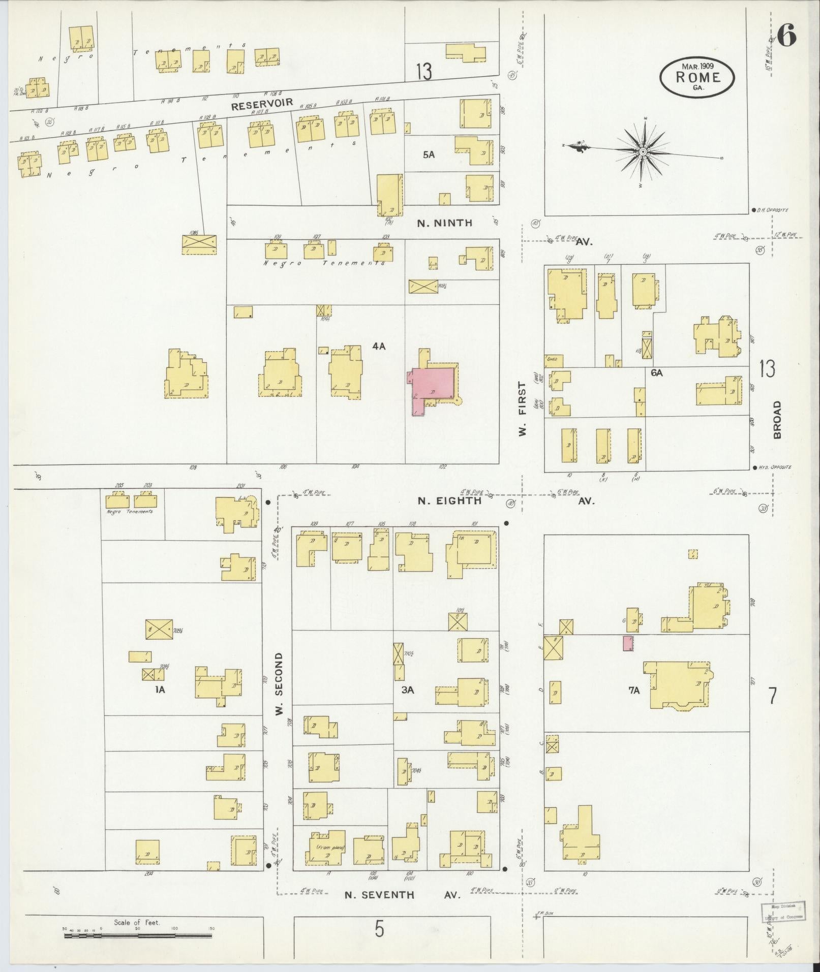Sanborn Fire Insurance Map from Rome, Floyd County, Georgia (1909), Sheet #0006 - Historic Sanborn Fire Insurance Map Print, vintage old map wall art, antique decor, genealogy gift, Georgia Georgia map
