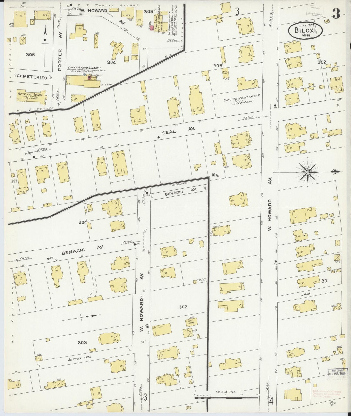 Sanborn Fire Insurance Map from Biloxi, Harrison County, Mississippi (1909), Sheet #0003 - Historic Sanborn Fire Insurance Map Print, vintage old map wall art, antique decor, genealogy gift, Mississippi Mississippi map