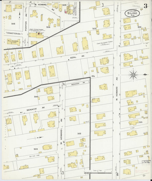 Sanborn Fire Insurance Map from Biloxi, Harrison County, Mississippi (1909), Sheet #0003 - Historic Sanborn Fire Insurance Map Print, vintage old map wall art, antique decor, genealogy gift, Mississippi Mississippi map