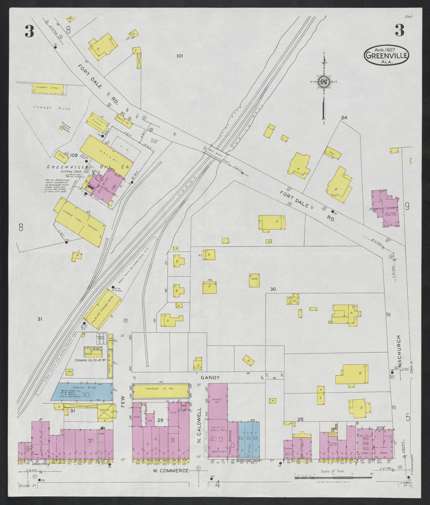 Sanborn Fire Insurance Map from Greenville, Butler County, Alabama (1927), Sheet #0003 - Complete Map Set gallery image, historic Sanborn map, vintage wall art, Alabama Alabama