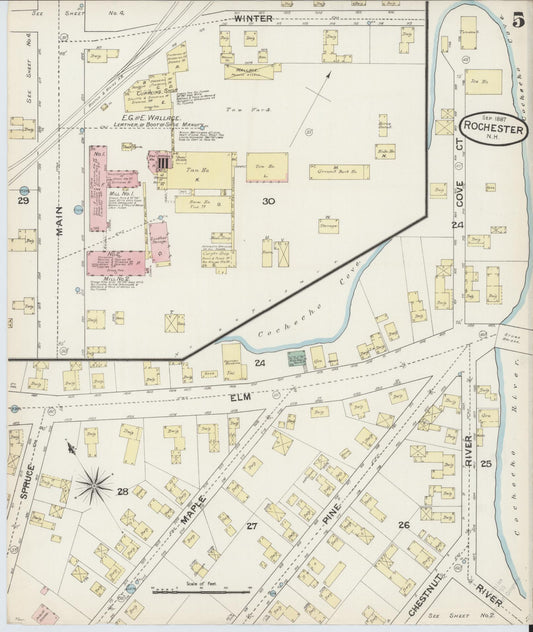 Sanborn Fire Insurance Map from Rochester, Strafford County, New Hampshire (1887), Sheet #0005 - Historic Sanborn Fire Insurance Map Print, vintage old map wall art, antique decor, genealogy gift, New Hampshire New Hampshire map