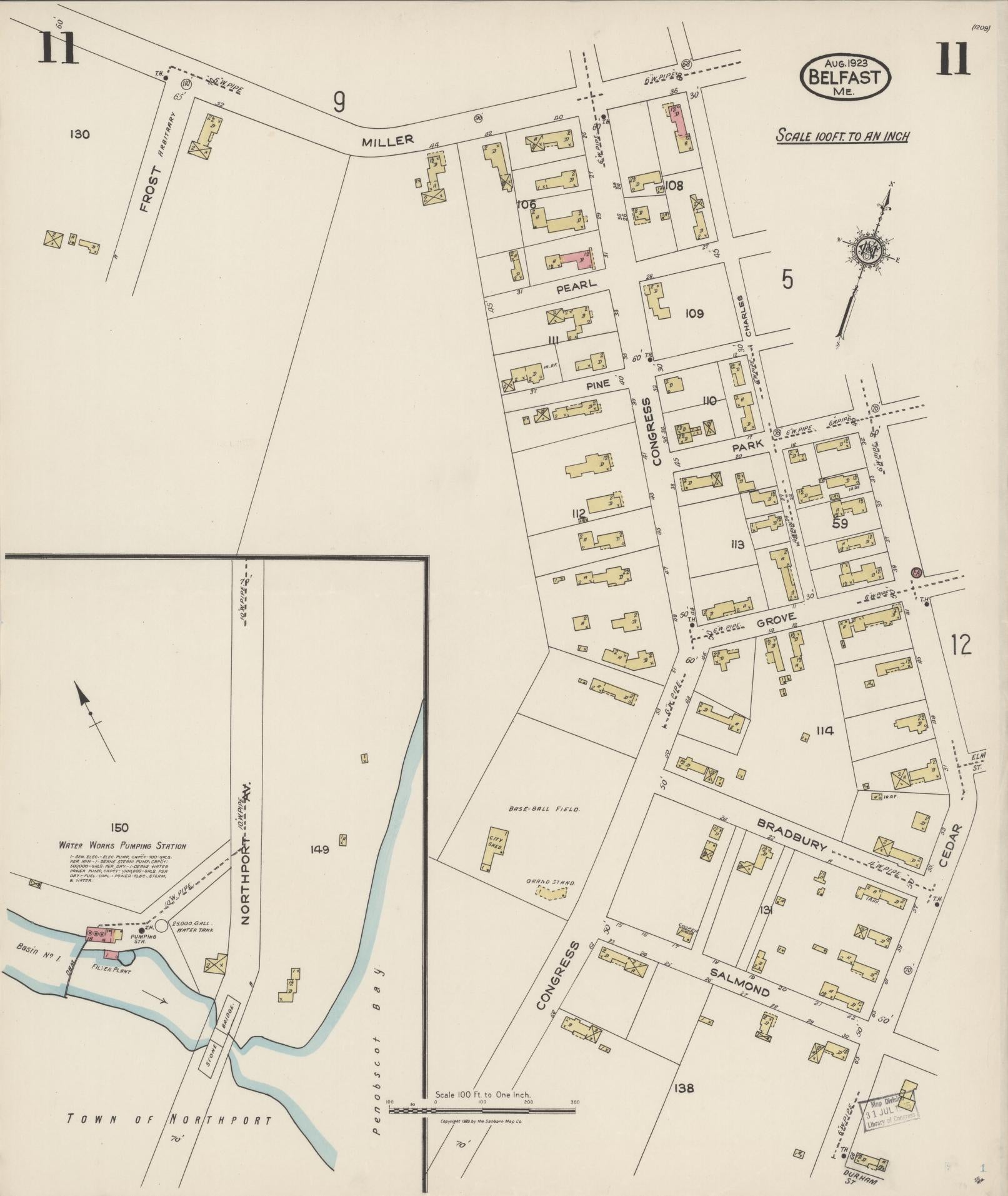 Sanborn Fire Insurance Map from Belfast, Waldo County, Maine (1923), Sheet #0011 - Complete Map Set gallery image, historic Sanborn map, vintage wall art, Maine Maine