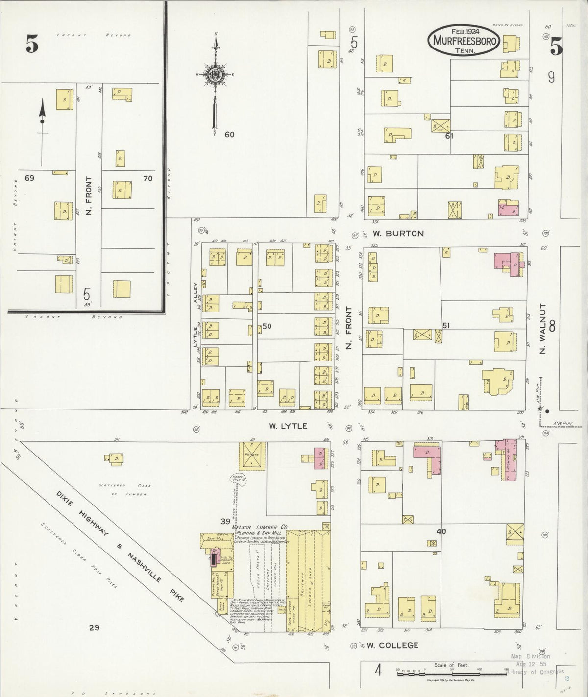 Sanborn Fire Insurance Map from Murfreesboro, Rutherford County, Tennessee (1924), Sheet #0005 - Complete Map Set gallery image, historic Sanborn map, vintage wall art, Tennessee Tennessee
