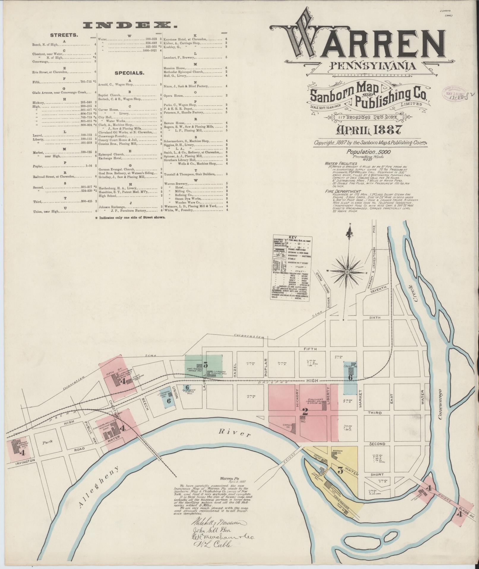 Sanborn Fire Insurance Map from Warren, Warren County, Pennsylvania (1887), Sheet #0001 - Historic Sanborn Fire Insurance Map Print, vintage old map wall art, antique decor, genealogy gift, Pennsylvania Pennsylvania map