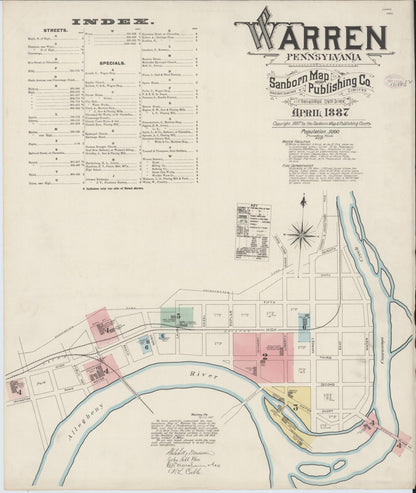 Sanborn Fire Insurance Map from Warren, Warren County, Pennsylvania (1887), Sheet #0001 - Historic Sanborn Fire Insurance Map Print, vintage old map wall art, antique decor, genealogy gift, Pennsylvania Pennsylvania map