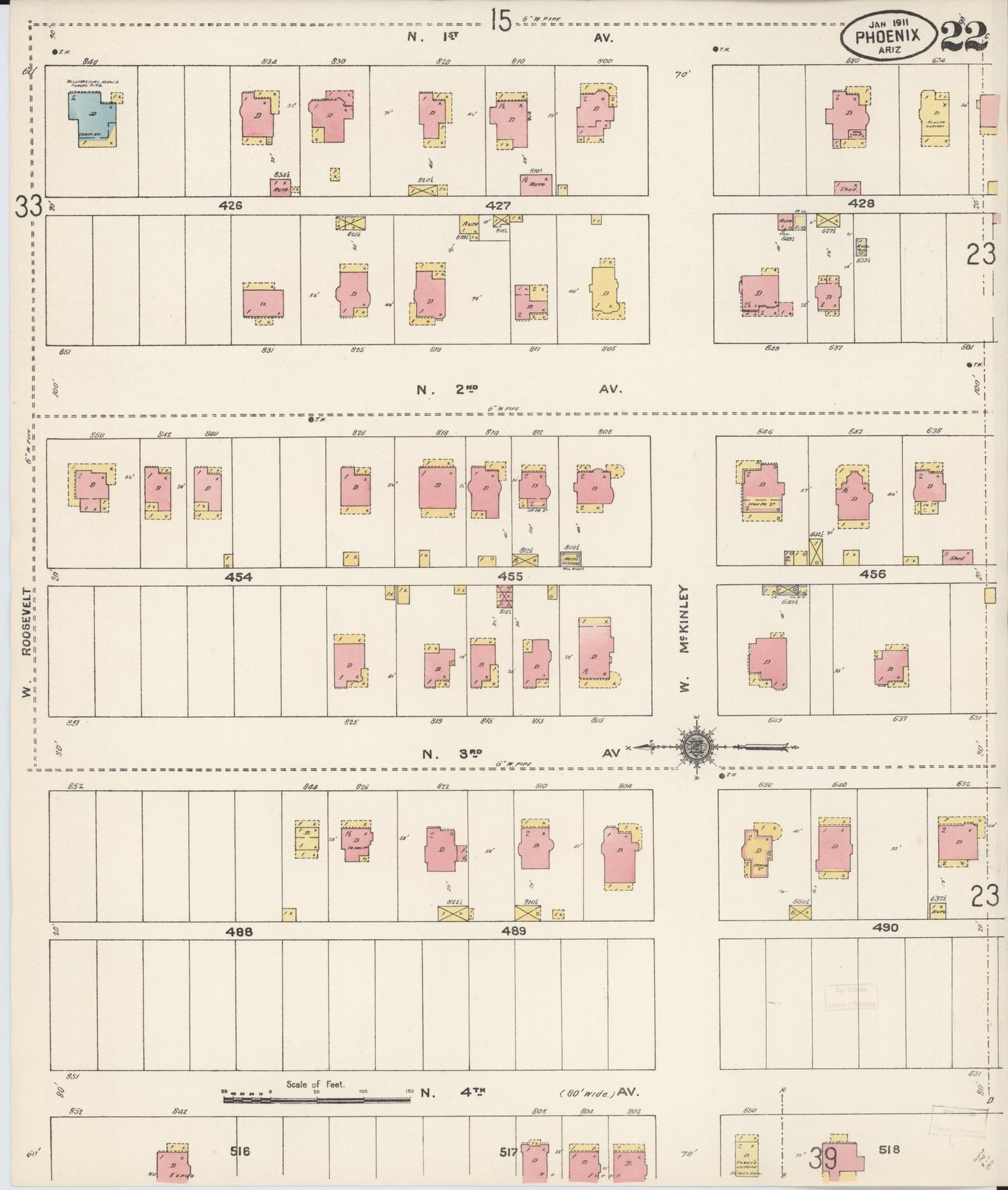 Sanborn Fire Insurance Map from Phoenix, Maricopa County, Arizona (1911), Sheet #0022 - Complete Map Set gallery image, historic Sanborn map, vintage wall art, Arizona Arizona
