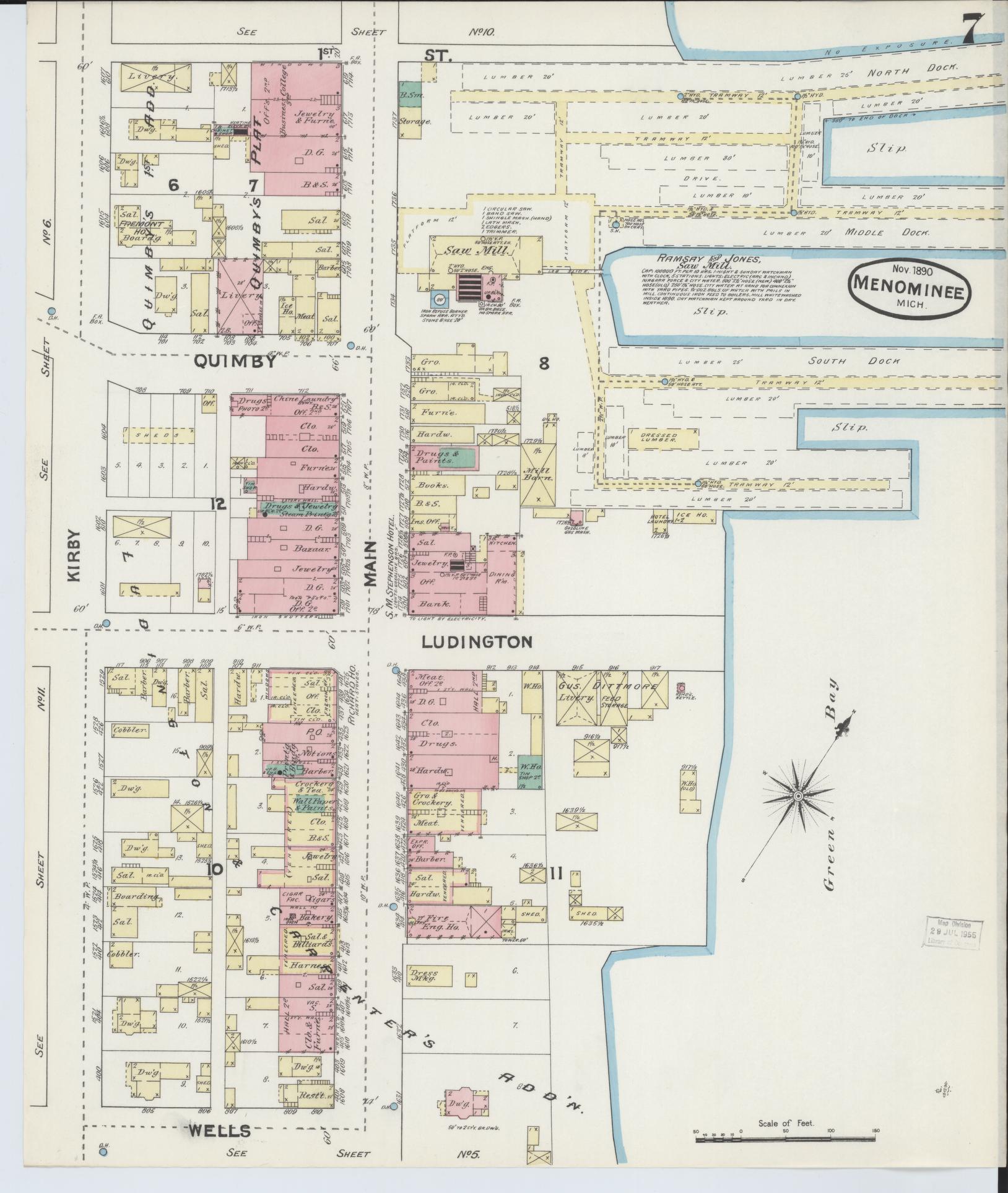 Sanborn Fire Insurance Map from Menominee, Menominee County, Michigan (1890), Sheet #0007 - Complete Map Set gallery image, historic Sanborn map, vintage wall art, Michigan Michigan