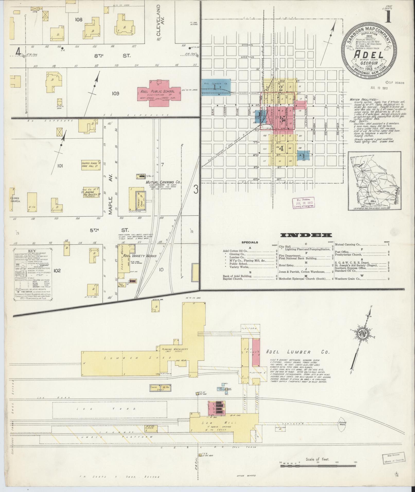 Sanborn Fire Insurance Map from Adel, Cook County, Georgia (1913), Sheet #0001 - Complete Map Set gallery image, historic Sanborn map, vintage wall art, Georgia Georgia