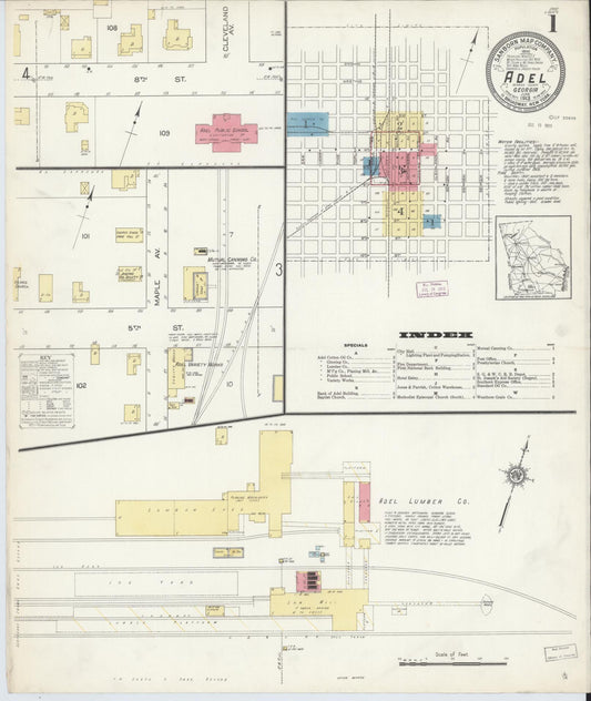 Sanborn Fire Insurance Map from Adel, Cook County, Georgia (1913), Sheet #0001 - Complete Map Set gallery image, historic Sanborn map, vintage wall art, Georgia Georgia