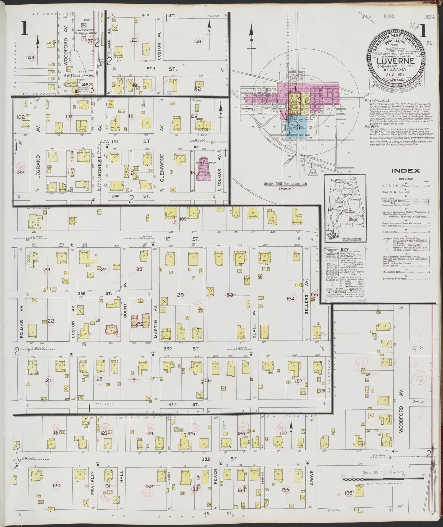 Sanborn Fire Insurance Map from Luverne, Crenshaw County, Alabama (1927), Sheet #0001 - Historic Sanborn Fire Insurance Map Print, vintage old map wall art, antique decor, genealogy gift, Alabama Alabama map