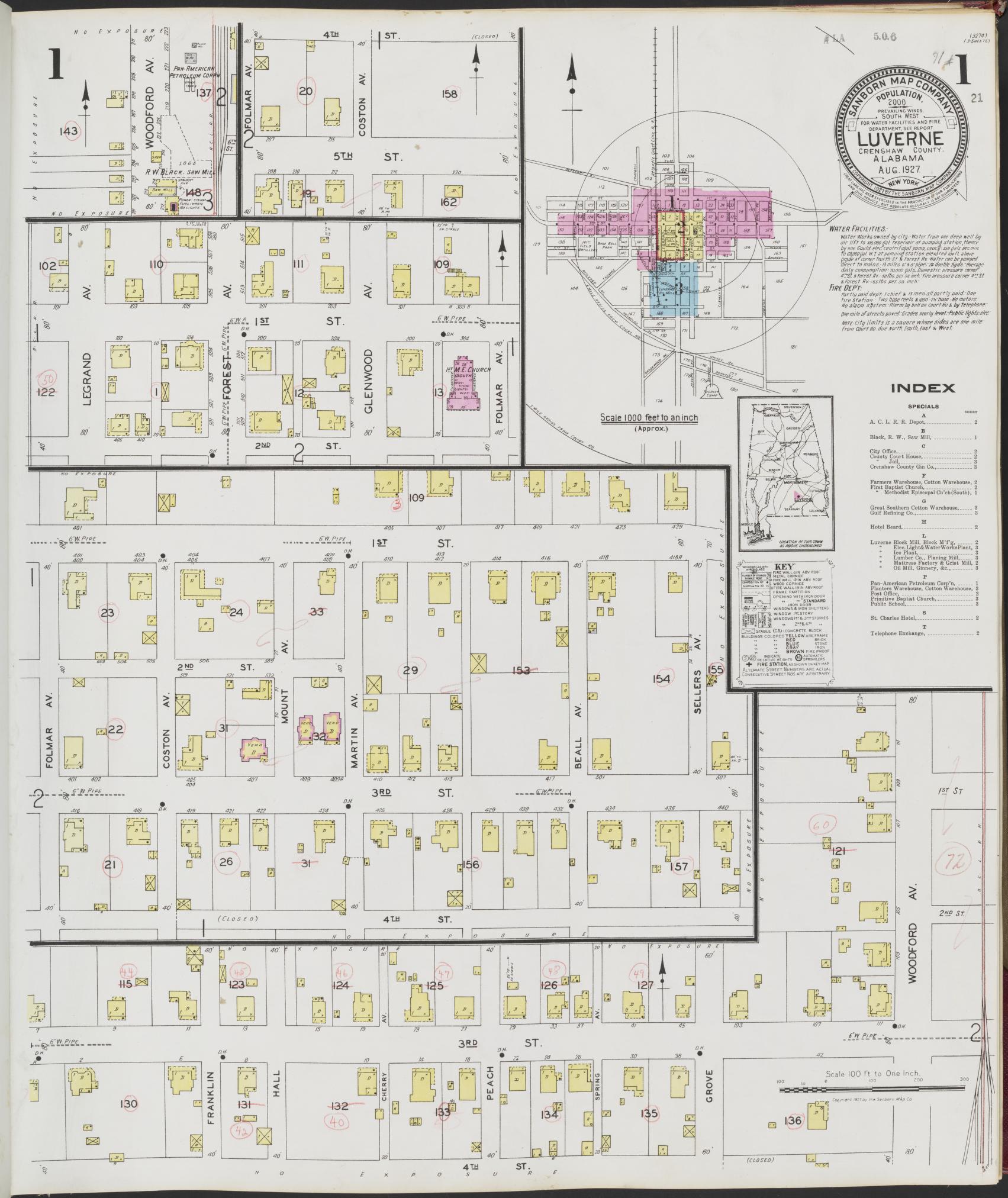 Sanborn Fire Insurance Map from Luverne, Crenshaw County, Alabama (1927), Sheet #0001 - Historic Sanborn Fire Insurance Map Print, vintage old map wall art, antique decor, genealogy gift, Alabama Alabama map