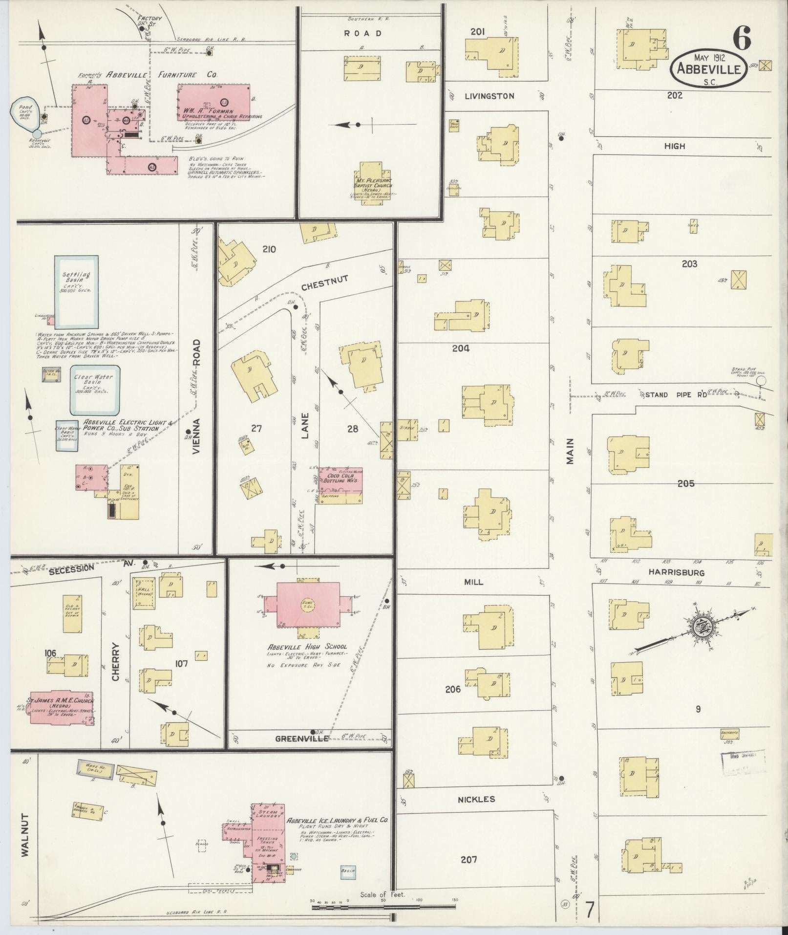 Sanborn Fire Insurance Map from Abbeville, Abbeville County, South Carolina (1912), Sheet #0006 - Historic Sanborn Fire Insurance Map Print, vintage old map wall art, antique decor, genealogy gift, South Carolina South Carolina map