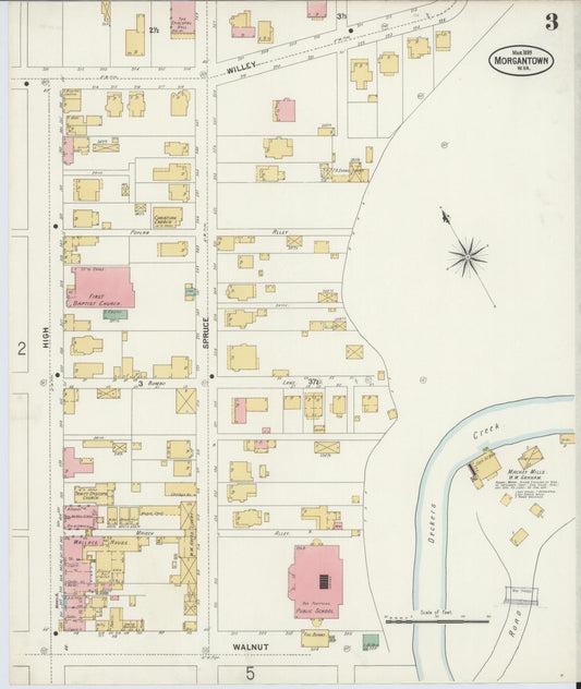 Sanborn Fire Insurance Map from Morgantown, Monongalia County, West Virginia (1899), Sheet #0003 - Historic Sanborn Fire Insurance Map Print, vintage old map wall art, antique decor, genealogy gift, West Virginia West Virginia map