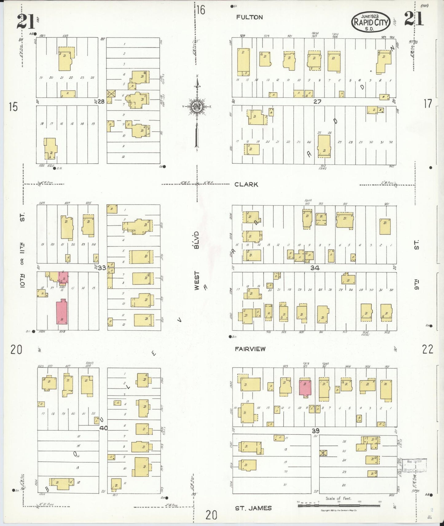Sanborn Fire Insurance Map from Rapid City, Pennington County, South Dakota (1923), Sheet #0021 - Complete Map Set gallery image, historic Sanborn map, vintage wall art, South Dakota South Dakota