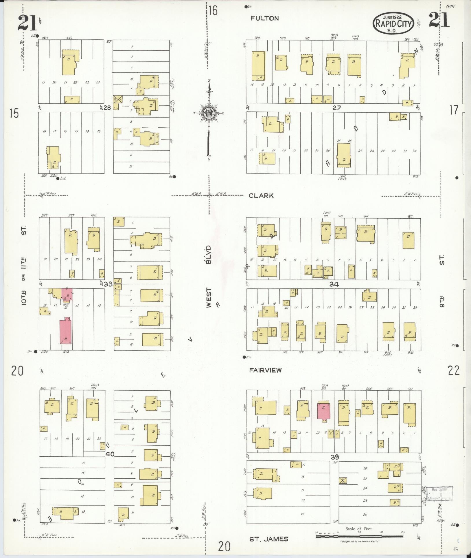 Sanborn Fire Insurance Map from Rapid City, Pennington County, South Dakota (1923), Sheet #0021 - Complete Map Set gallery image, historic Sanborn map, vintage wall art, South Dakota South Dakota