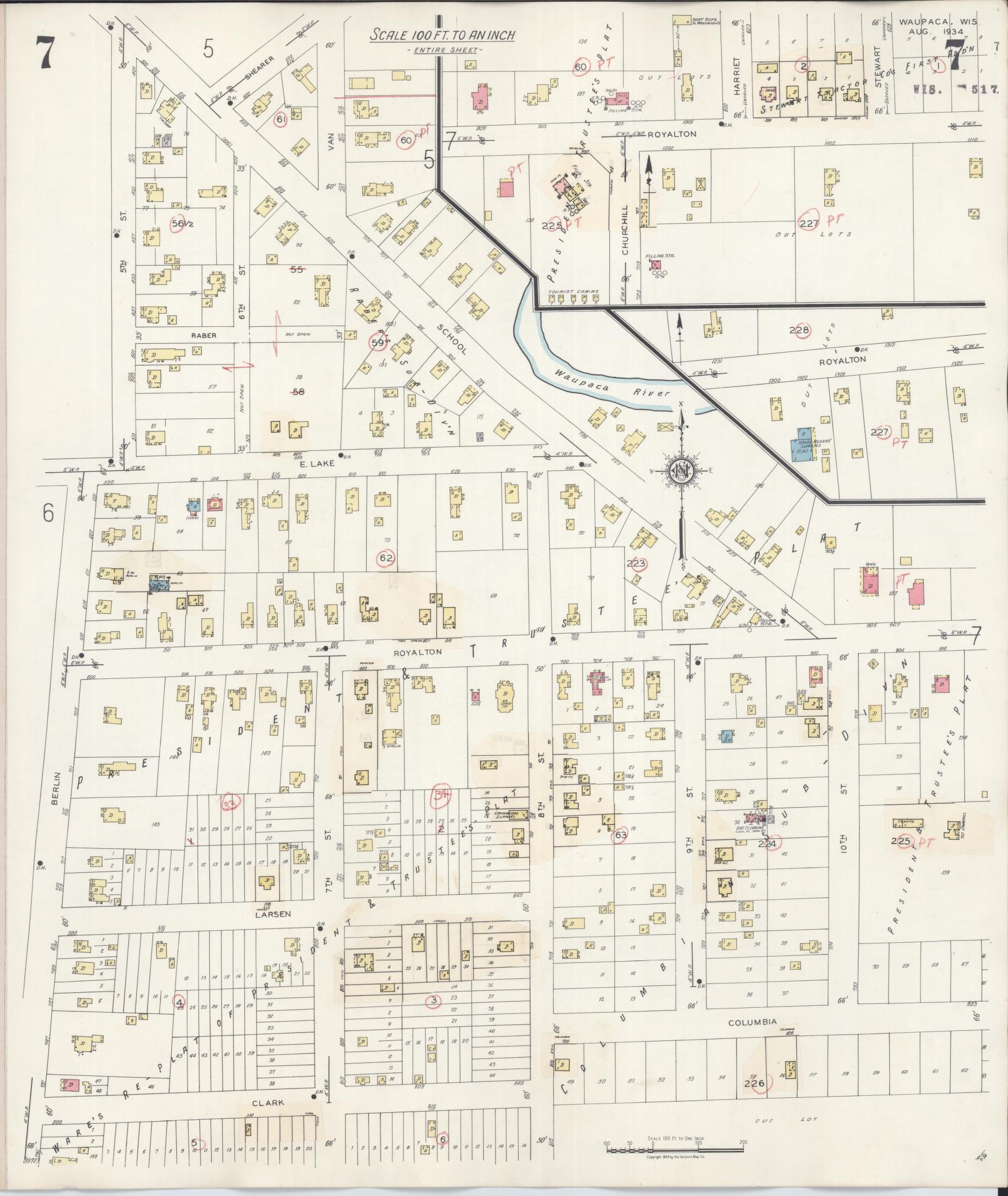 Sanborn Fire Insurance Map from Waupaca, Waupaca County, Wisconsin (1941), Sheet #0007 - Historic Sanborn Fire Insurance Map Print, vintage old map wall art, antique decor, genealogy gift, Wisconsin Wisconsin map