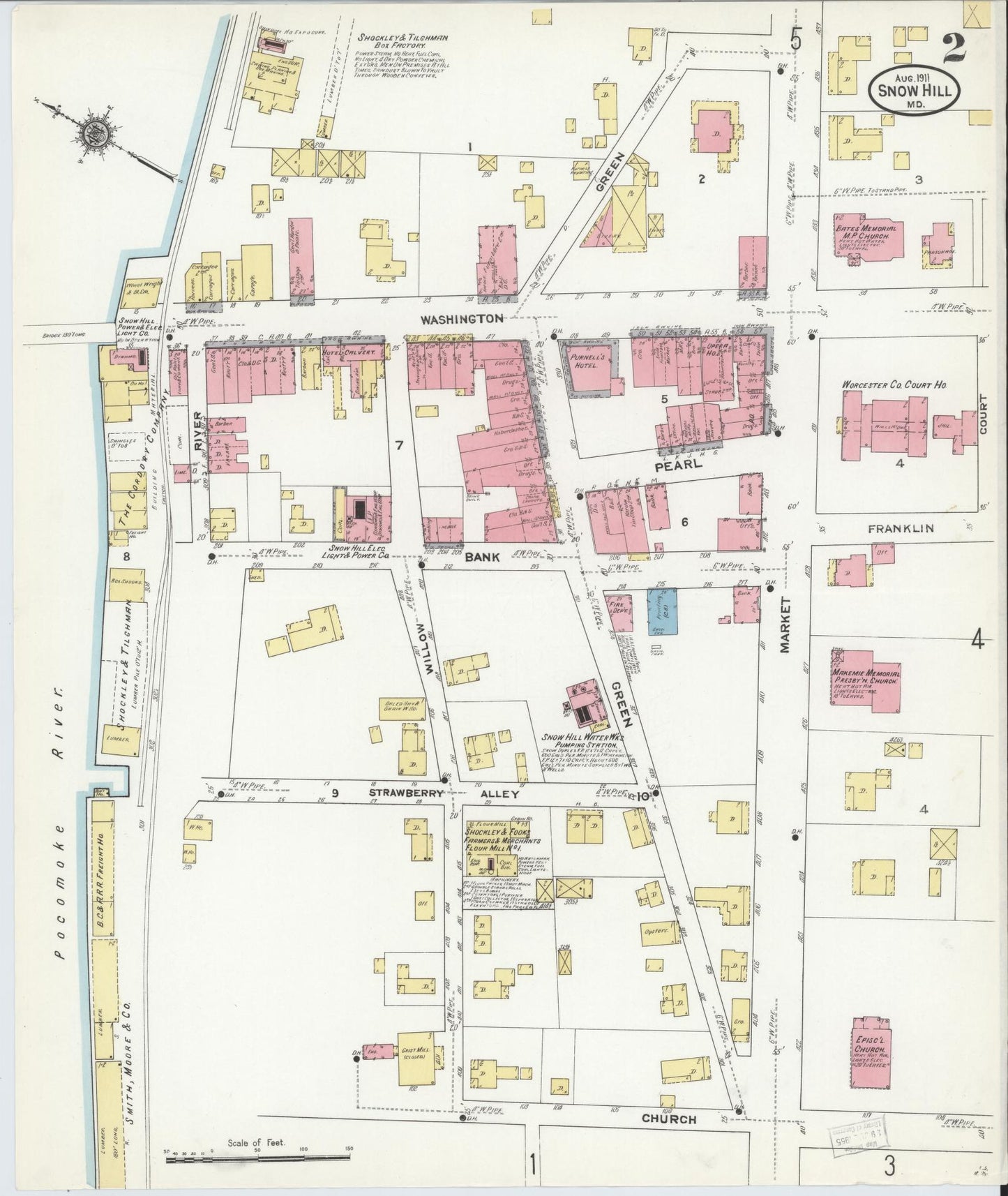 Sanborn Fire Insurance Map from Snow Hill, Worcester County, Maryland (1911), Sheet #0002 - Historic Sanborn Fire Insurance Map Print, vintage old map wall art