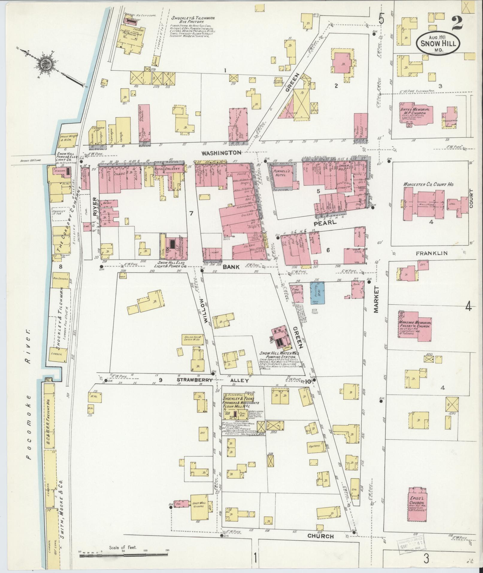 Sanborn Fire Insurance Map from Snow Hill, Worcester County, Maryland (1911), Sheet #0002 - Historic Sanborn Fire Insurance Map Print, vintage old map wall art
