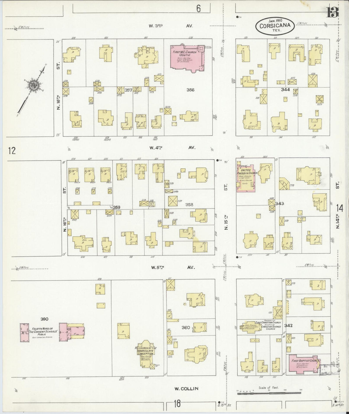 Sanborn Fire Insurance Map from Corsicana, Navarro County, Texas (1910), Sheet #0013 - Complete Map Set gallery image, historic Sanborn map, vintage wall art, Texas Texas