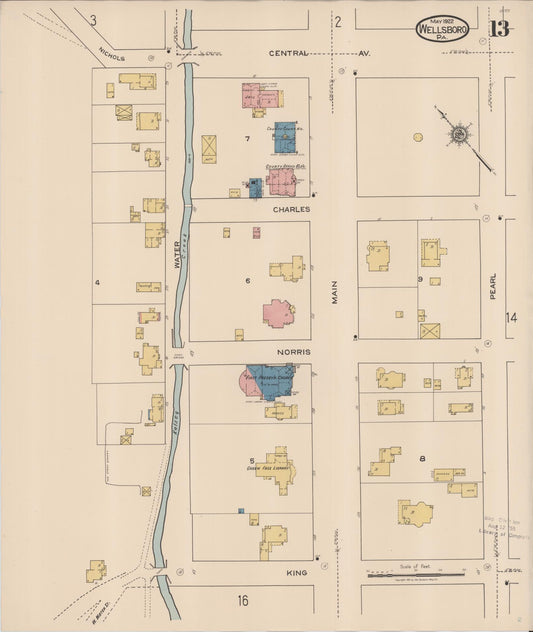 Sanborn Fire Insurance Map from Wellsboro, Tioga County, Pennsylvania (1922), Sheet #0013 - Historic Sanborn Fire Insurance Map Print, vintage old map wall art, antique decor, genealogy gift, Pennsylvania Pennsylvania map