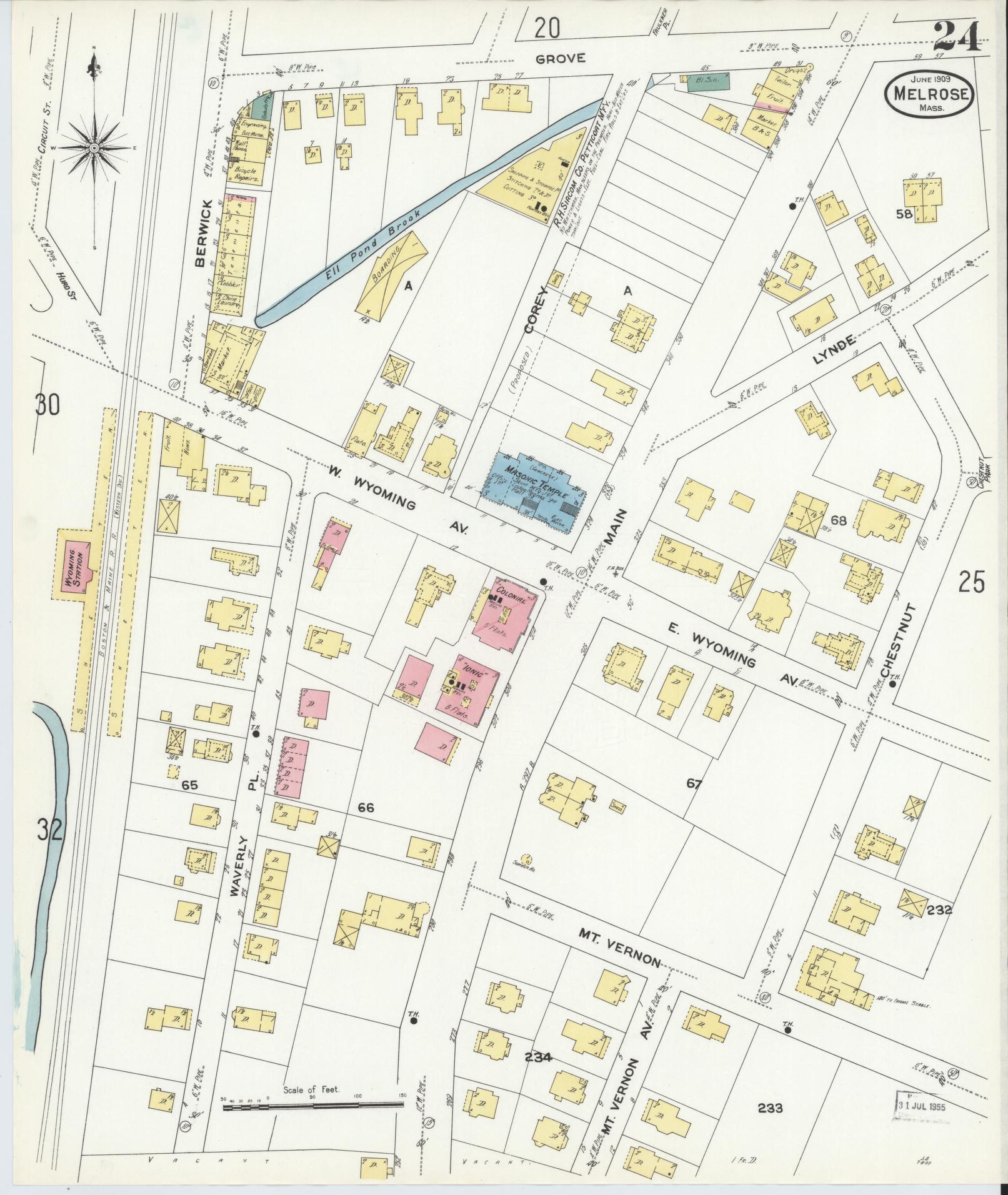 Sanborn Fire Insurance Map from Melrose, Middlesex County, Massachusetts (1909), Sheet #0024 - Historic Sanborn Fire Insurance Map Print, vintage old map wall art, antique decor, genealogy gift, Massachusetts Massachusetts map
