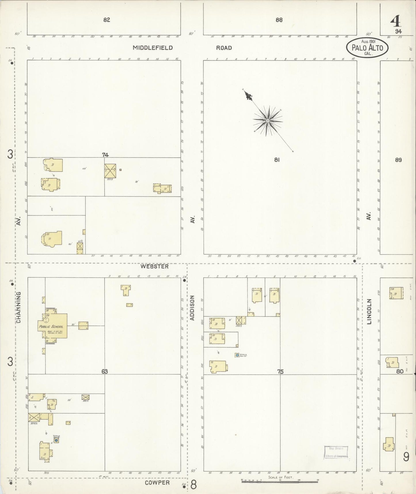 Sanborn Fire Insurance Map from Palo Alto, Santa Clara County, California (1901), Sheet #0004 - Complete Map Set gallery image, historic Sanborn map, vintage wall art, California California