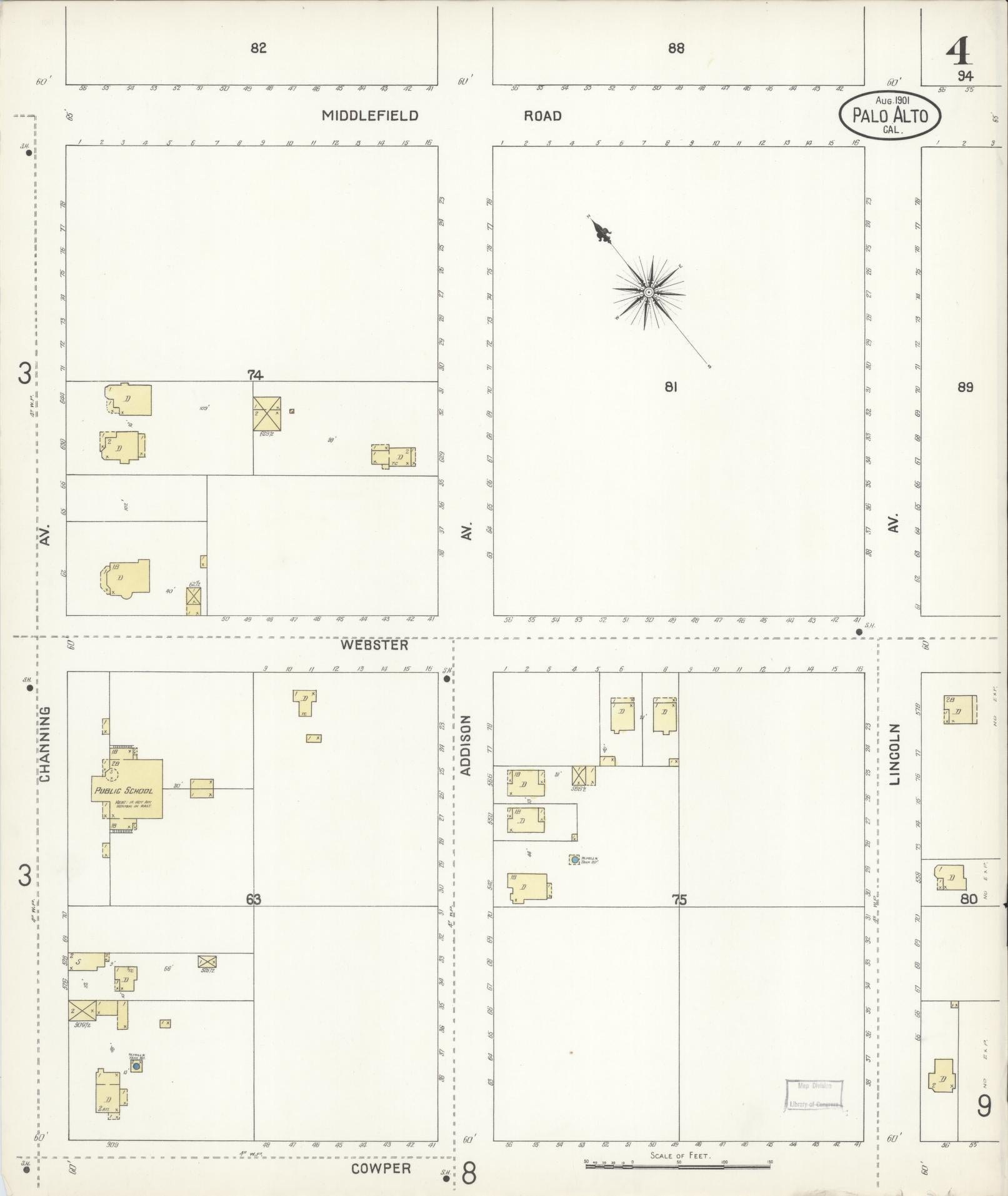 Sanborn Fire Insurance Map from Palo Alto, Santa Clara County, California (1901), Sheet #0004 - Complete Map Set gallery image, historic Sanborn map, vintage wall art, California California