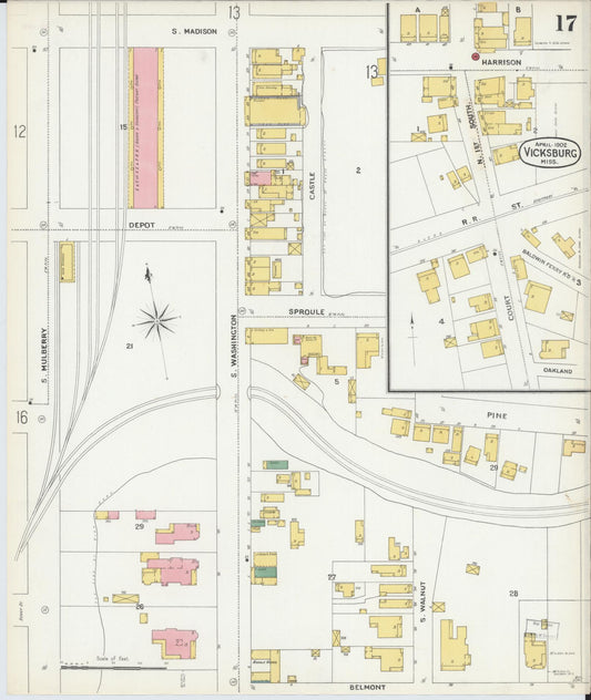 Sanborn Fire Insurance Map from Vicksburg, Warren County, Mississippi (1902), Sheet #0017 - Historic Sanborn Fire Insurance Map Print, vintage old map wall art, antique decor, genealogy gift, Mississippi Mississippi map