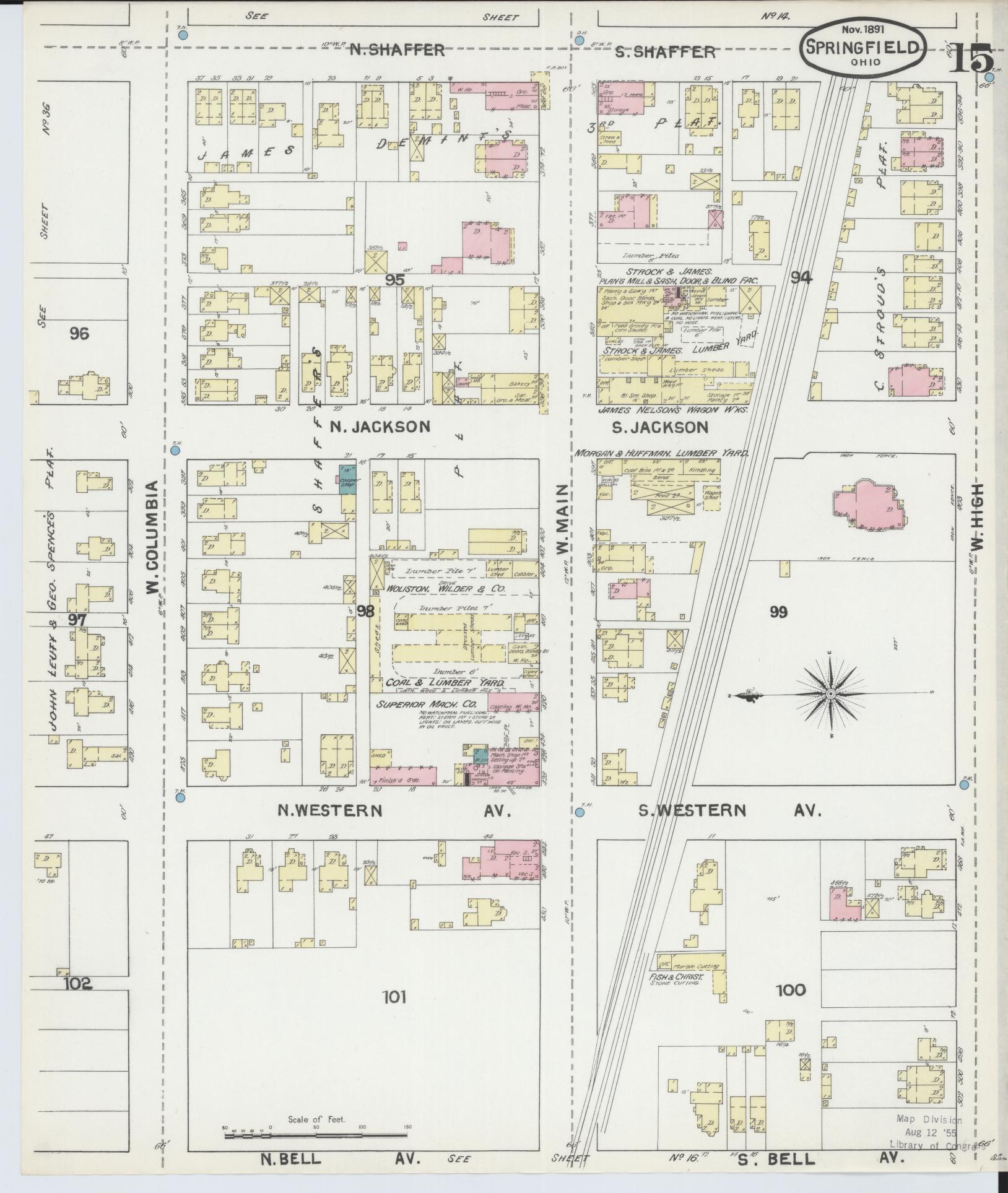 Sanborn Fire Insurance Map from Springfield, Clark County, Ohio (1891), Sheet #0015 - Historic Sanborn Fire Insurance Map Print, vintage old map wall art, antique decor, genealogy gift, Ohio Ohio map