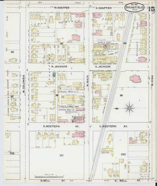 Sanborn Fire Insurance Map from Springfield, Clark County, Ohio (1891), Sheet #0015 - Historic Sanborn Fire Insurance Map Print, vintage old map wall art, antique decor, genealogy gift, Ohio Ohio map