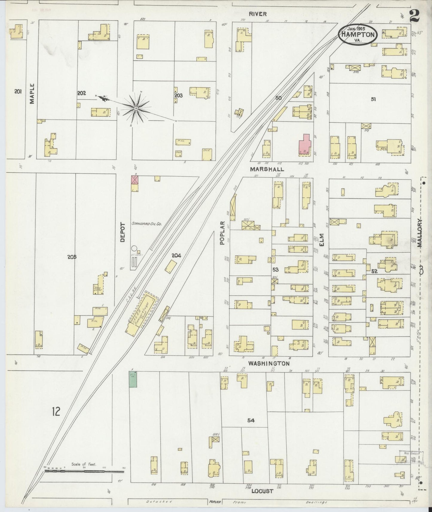 Sanborn Fire Insurance Map from Hampton, Independent Cities, Virginia (1905), Sheet #0002 - Complete Map Set gallery image, historic Sanborn map, vintage wall art, Virginia Virginia