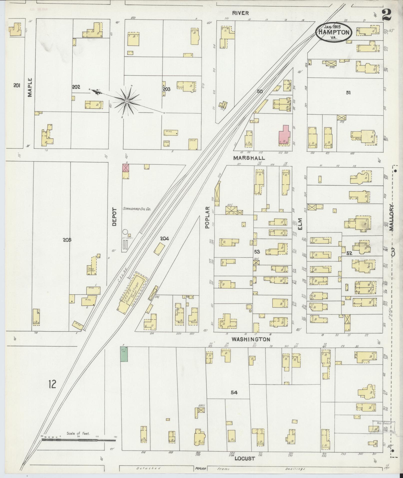 Sanborn Fire Insurance Map from Hampton, Independent Cities, Virginia (1905), Sheet #0002 - Complete Map Set gallery image, historic Sanborn map, vintage wall art, Virginia Virginia