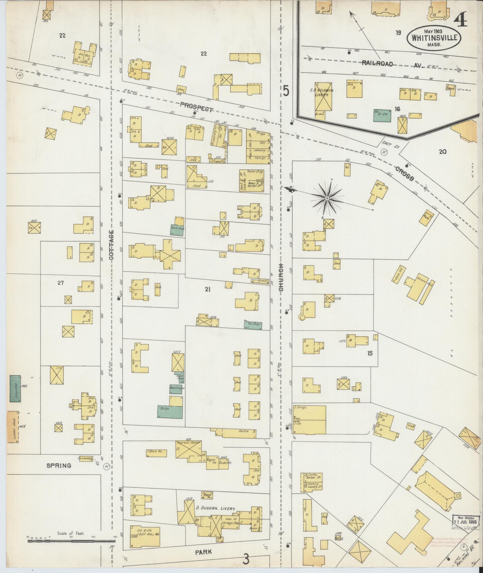 Sanborn Fire Insurance Map from Whitinsville, Worcester County, Massachusetts (1903), Sheet #0004 - Historic Sanborn Fire Insurance Map Print, vintage old map wall art, antique decor, genealogy gift, Massachusetts Massachusetts map
