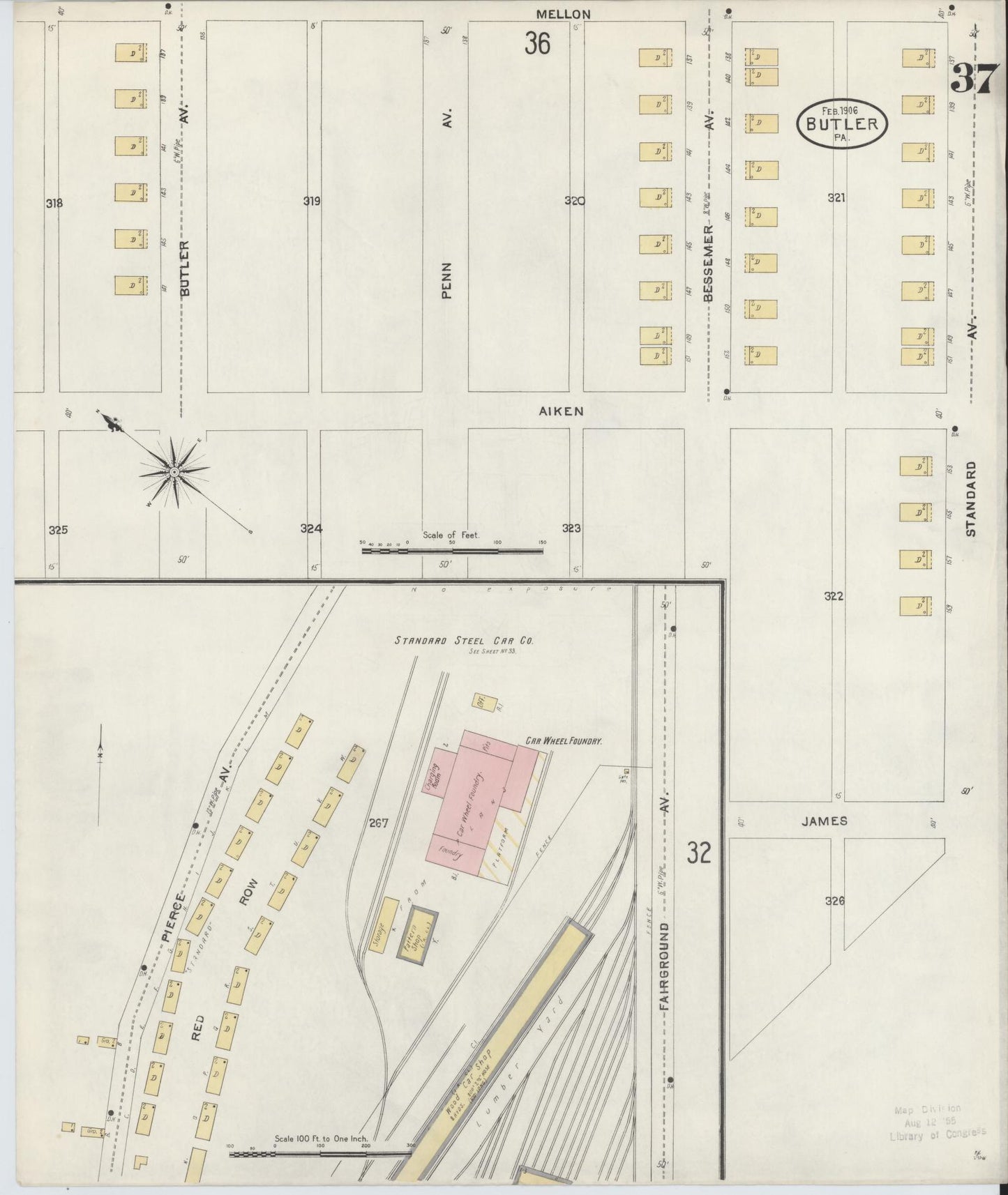 Sanborn Fire Insurance Map from Butler, Butler County, Pennsylvania (1906), Sheet #0037 - Historic Sanborn Fire Insurance Map Print, vintage old map wall art, antique decor, genealogy gift, Pennsylvania Pennsylvania map