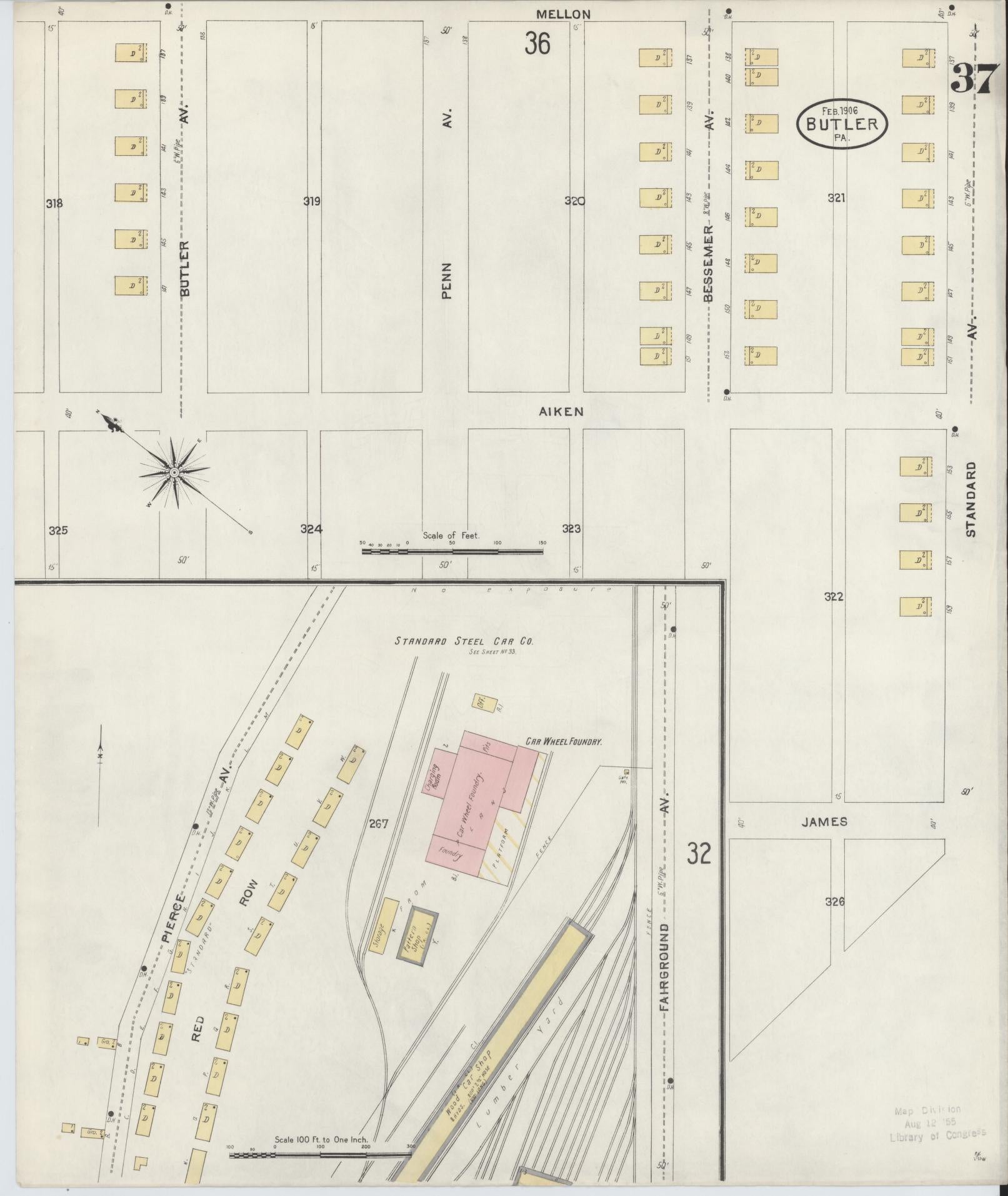 Sanborn Fire Insurance Map from Butler, Butler County, Pennsylvania (1906), Sheet #0037 - Historic Sanborn Fire Insurance Map Print, vintage old map wall art, antique decor, genealogy gift, Pennsylvania Pennsylvania map