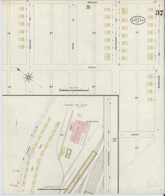 Sanborn Fire Insurance Map from Butler, Butler County, Pennsylvania (1906), Sheet #0037 - Historic Sanborn Fire Insurance Map Print, vintage old map wall art, antique decor, genealogy gift, Pennsylvania Pennsylvania map