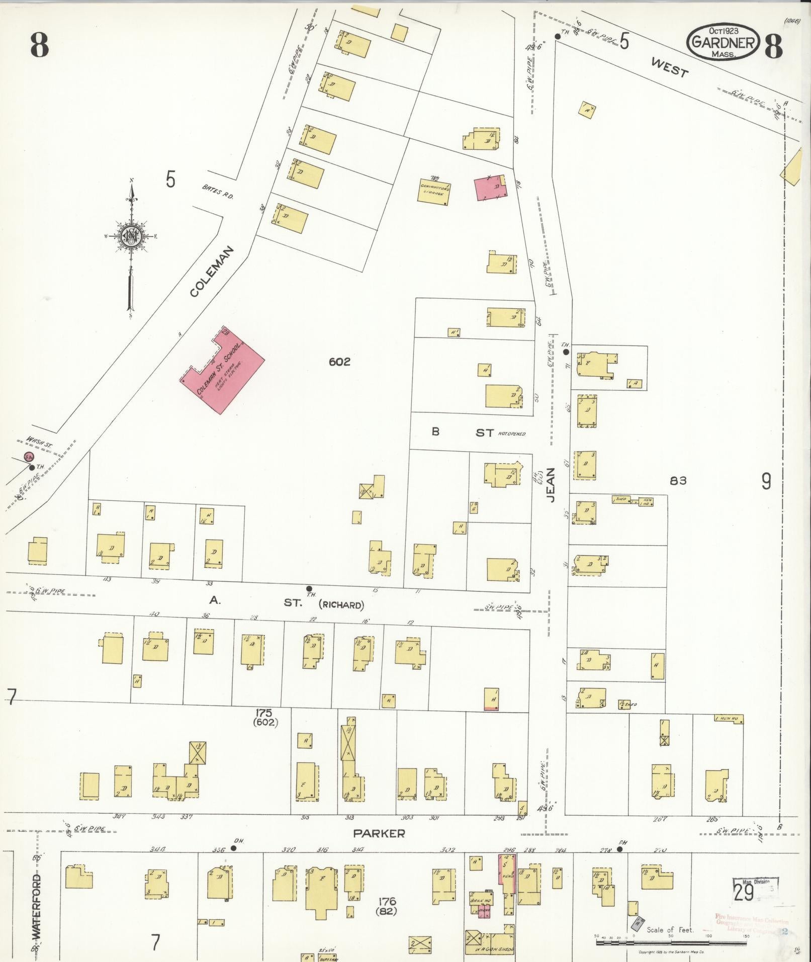 Sanborn Fire Insurance Map from Gardner, Worcester County, Massachusetts (1923), Sheet #0008 - Historic Sanborn Fire Insurance Map Print, vintage old map wall art, antique decor, genealogy gift, Massachusetts Massachusetts map