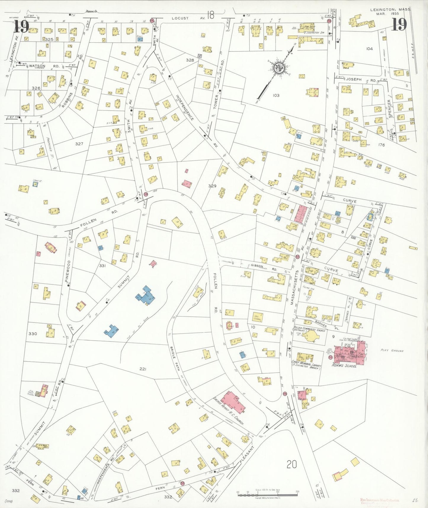 Sanborn Fire Insurance Map from Lexington, Middlesex County, Massachusetts (1935), Sheet #0019 - Historic Sanborn Fire Insurance Map Print, vintage old map wall art, antique decor, genealogy gift, Massachusetts Massachusetts map