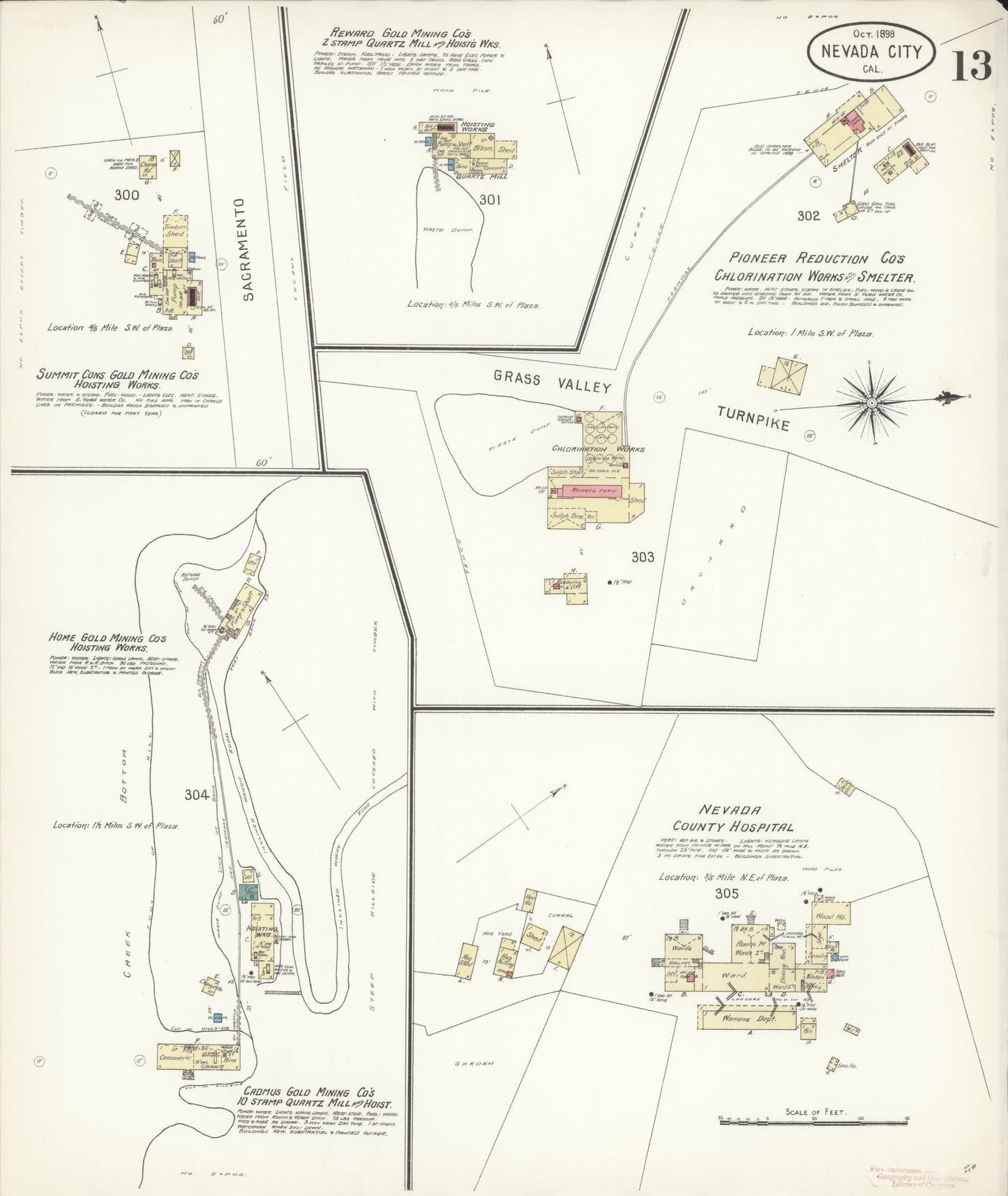 Sanborn Fire Insurance Map from Nevada City, Nevada County, California (1898), Sheet #0013 - Historic Sanborn Fire Insurance Map Print, vintage old map wall art, antique decor, genealogy gift, California California map