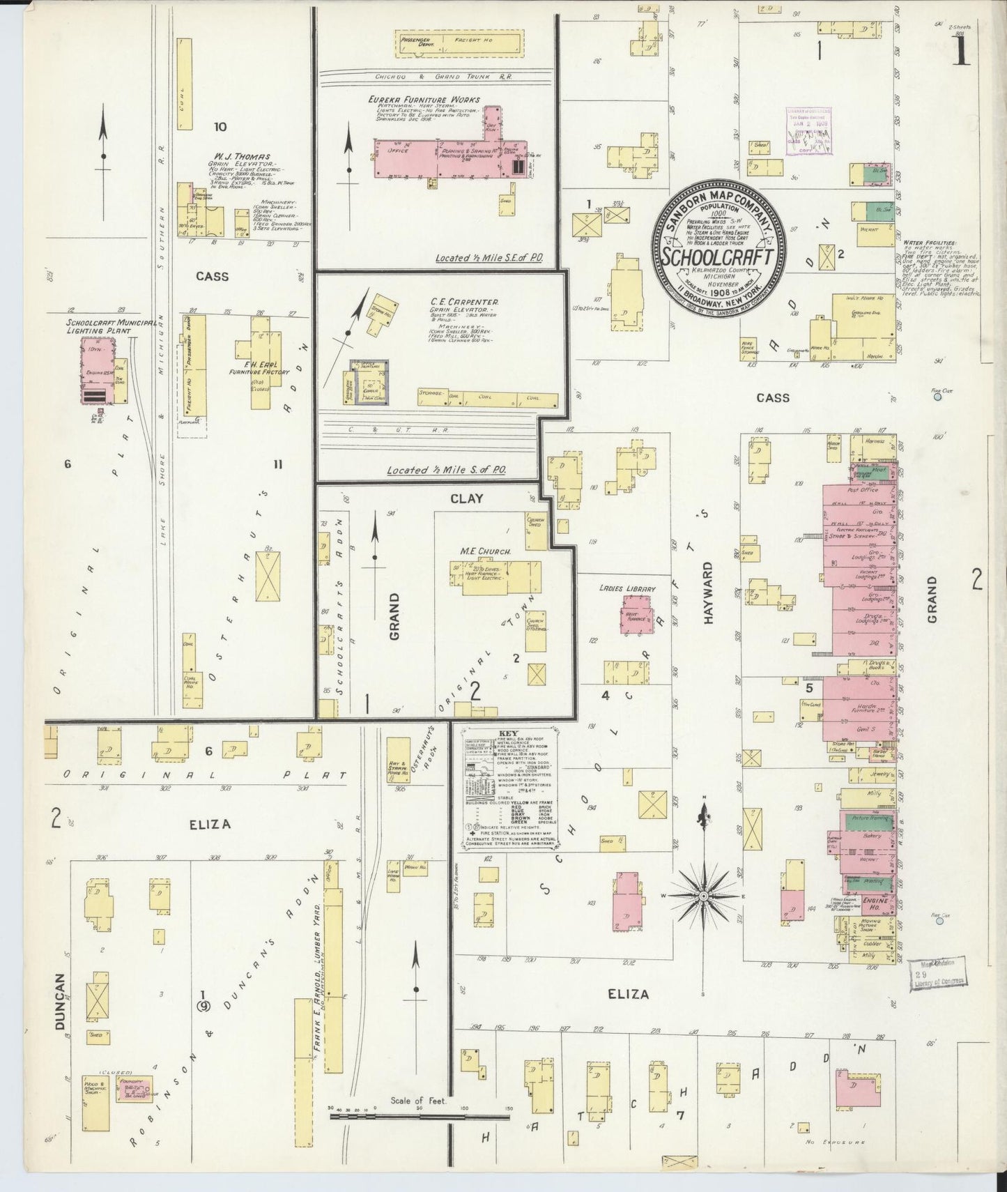Sanborn Fire Insurance Map from Schoolcraft, Kalamazoo County, Michigan (1908), Sheet #0001 - Historic Sanborn Fire Insurance Map Print, vintage old map wall art, antique decor, genealogy gift, Michigan Michigan map